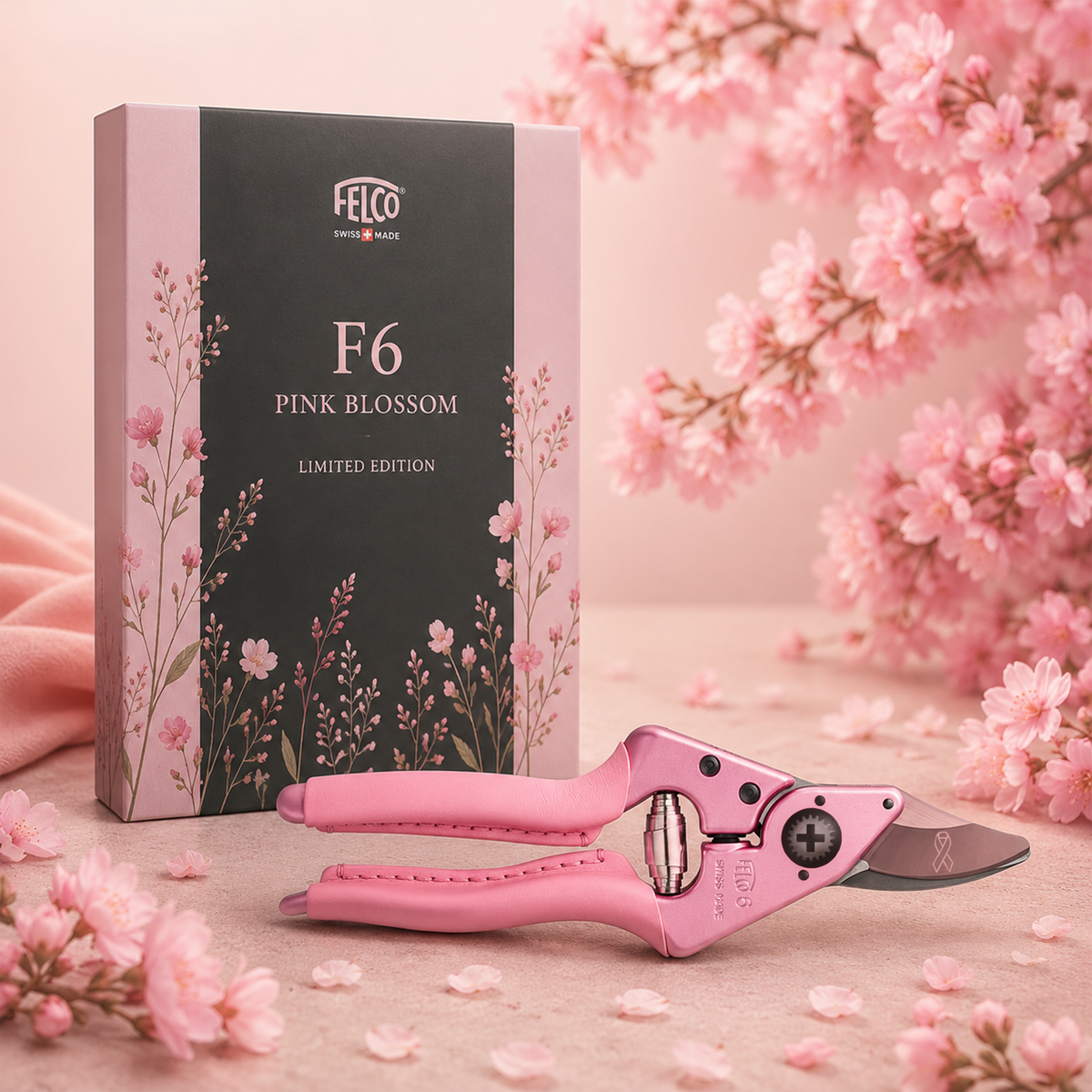 Pink Blossom pruning shears and presentation box surrounded by pink blossoms.